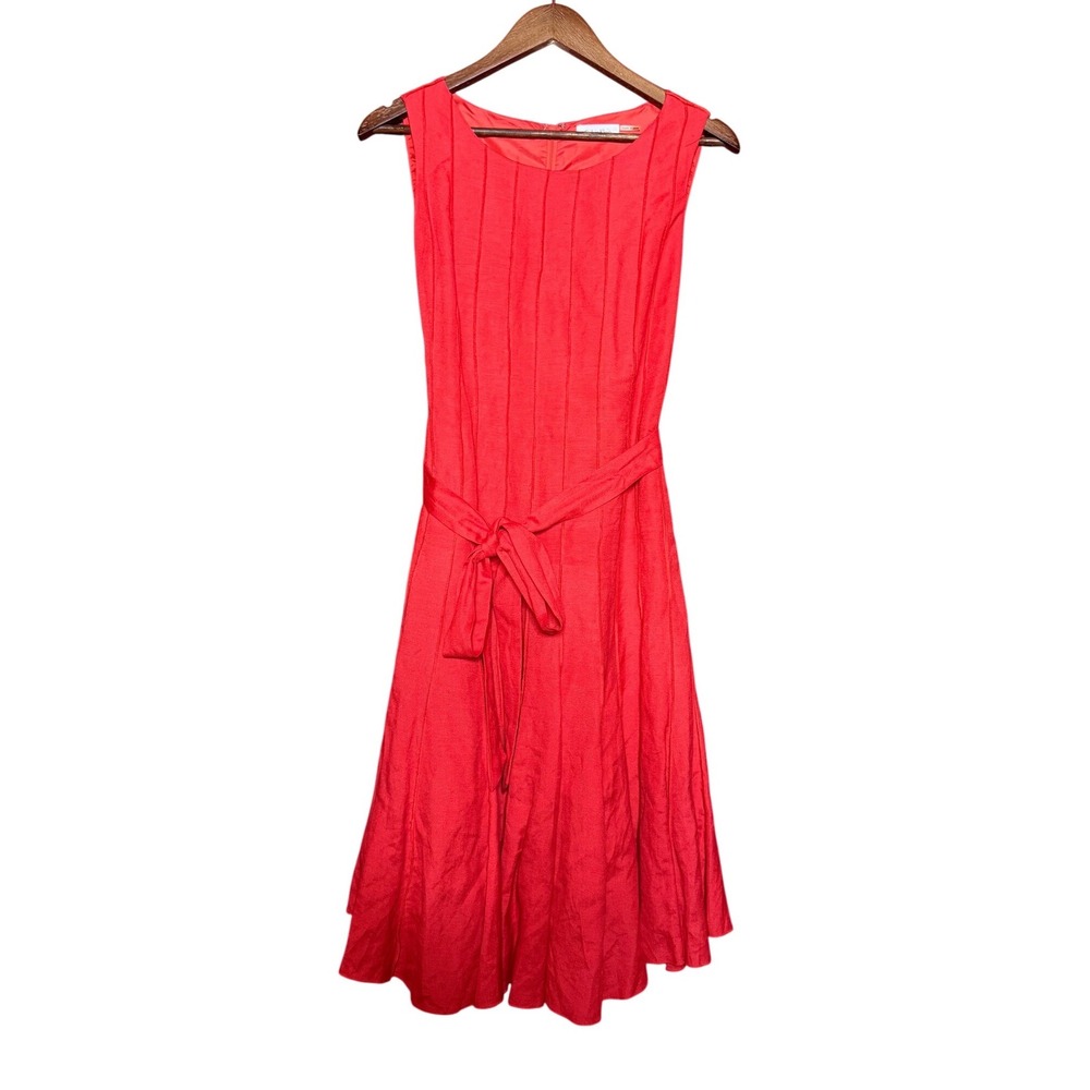 Calvin Klein Women 10 Red Pintuck Pleated Belt Fit Flare Midi A-Line Dress Swing